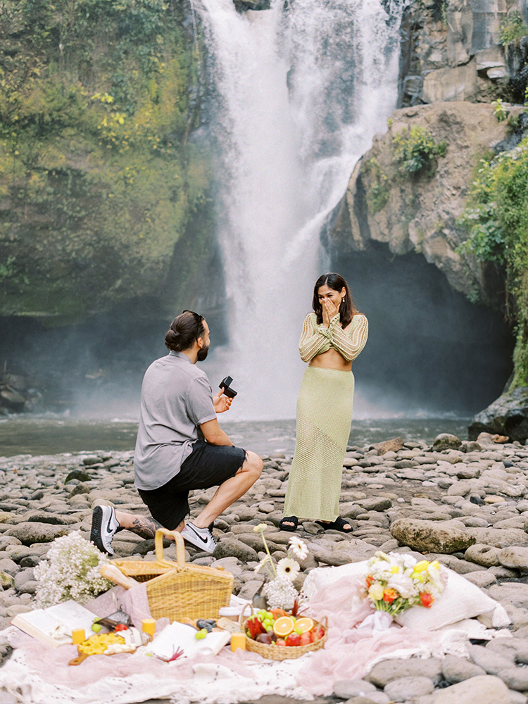 bali waterfall surprise proposal with a picnic